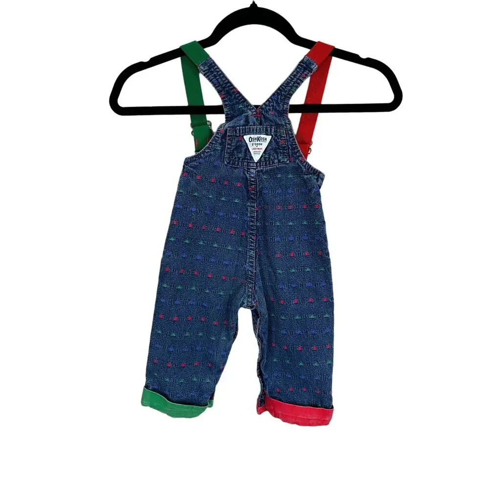 Vintage Oshkosh B’Gosh Vestbak Denim Overalls Suspenders Red Green 12 Months
